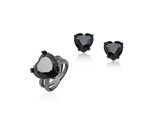 Conjunto Coração Negro Banhado a Ródio Negro