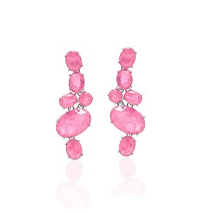 Brinco em Zircônias Ovais Turmalina Rosa Fusion Banhado a Ródio Branco