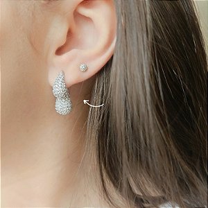 Brinco Ear Jacket Gota Dupla Cravejada Banhado a Ródio Branco