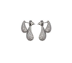 Brinco Ear Jacket Gota Dupla Cravejada Banhado a Ródio Branco