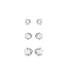Trio de Brincos Redondos Zircônia Cristal em Aço