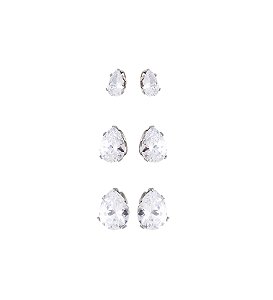 Trio de Brincos Gota Zircônia Cristal em Aço