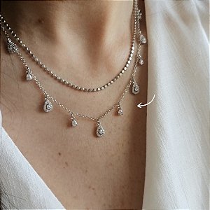 Colar Pingentes Retangulares Banhado a Ródio Branco