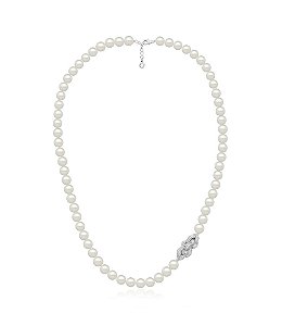 Colar de Pérola com Pingente Cravejado Banhado a Ródio Branco