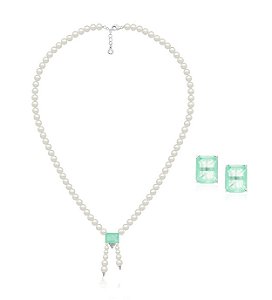Conjunto em Pérolas e Zircônia Esmeralda Colombiana Banhado a Ródio Branco