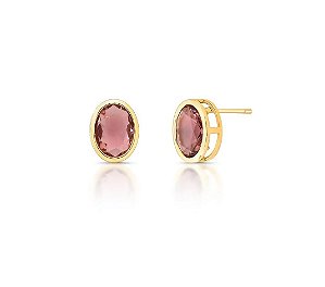 Brinco Oval Cristal Rosa Claro Banhado a Ouro