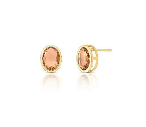 Brinco Oval Cristal Âmbar Claro Banhado a Ouro