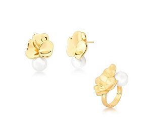 Conjunto Pétalas com Pérola Shell Banhado a Ouro