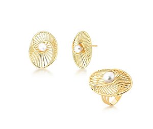 Conjunto Aramado com Pérola Shell Banhado a Ouro