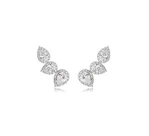 Brinco Ear Cuff Três Gotas Cristais Banhado a Ródio Branco
