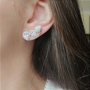 Brinco Ear Cuff Três Gotas Cristais Banhado a Ródio Branco