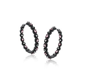 Argola Grande Cravação Oval Colorida Banhada a Ródio Negro