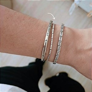 Pulseira Regulável Fileira Cravejada Banhada a Ródio Branco