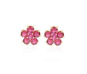 Brinco Flor Zircônia Rosa Banhado a Ouro