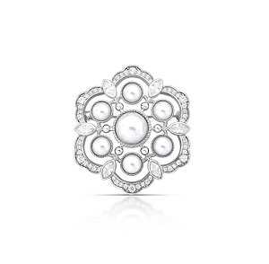 Broche Flor com Cristal Navete e Pérola Shell Banhado a Ródio Branco