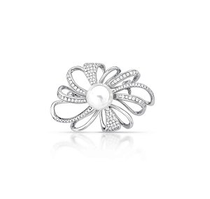 Broche Flor Cravejada com Pérola Shell Banhado a Ródio Branco