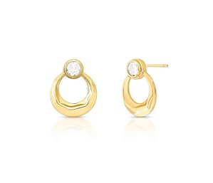 Brinco Oval Vazado com Cristal Redondo Banhado a Ouro