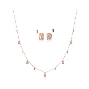 Conjunto de Colar com Dupla de Brincos Retangulares Banhado a Ouro Rosê