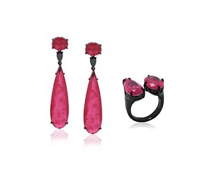 Conjunto em Zircônia Rubelita Fusion Banhado a Ródio Negro