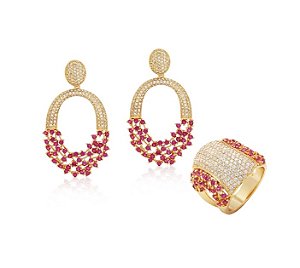 Conjunto Luxo Cravação Cristal e Rosa Banhado a Ouro
