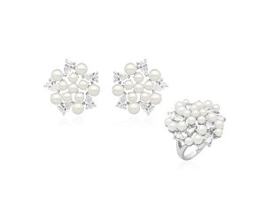 Conjunto Pérola com Gotas de Zircônias Banhado a Ródio Branco