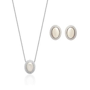 Conjunto Pérola Oval com Cravação Lateral Banhado a Ródio Branco
