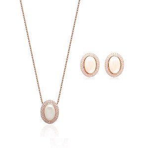 Conjunto Pérola Oval com Cravação Lateral Banhado a Ouro Rosê