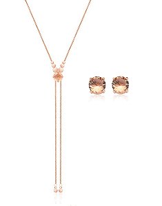 Conjunto Gravata com Ponto Morganita Banhado a Ouro Rosê