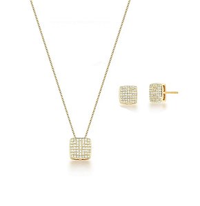 Conjunto Quadrado Cravejado Banhado a Ouro