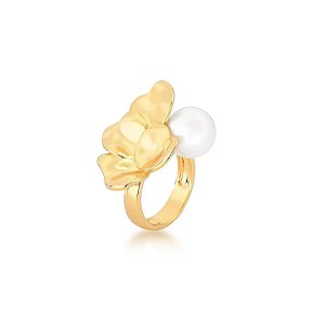 Anel Pétalas com Pérola Shell Banhado a Ouro