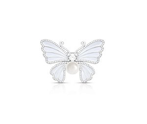 Broche de Borboleta Esmaltada e Pérola Shell Banhado a Ródio Branco