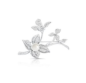 Broche Ramo de Flor Cravejado com Pérola Shell Banhado a Ródio Branco