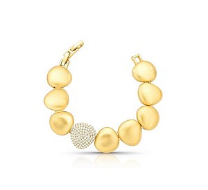 Pulseira Gomos Acetinados com Centro Cravejado Banhado a Ouro