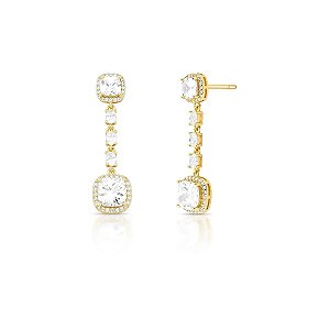 Brinco Pêndulo com Cristais Quadrados Banhado a Ouro 18k