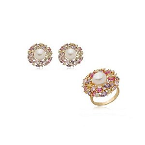 Conjunto de Brincos com Anel em Pérola e Cravação Colorida Banhado a Ouro 18k
