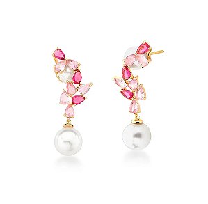 Brinco Ear Cuff Conjunto Flor em Pérola e Pétalas Coloridas Banhado a Ouro 18k