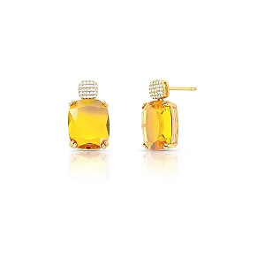 Brinco Pêndulo com Cristal Retangular Amarelo Banhado a Ouro Vidiè 18k