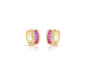 Argola Com Cravação Baguete Rosa Banhado a Ouro 18k