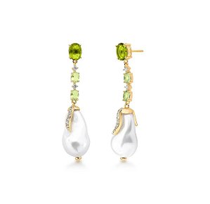Brinco em Pêndulo Tons de Verde com Pérola Barroca Banhado a Ouro 18k