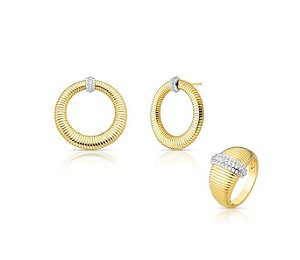 Conjunto Texturizado com Fileira Cravejada Banhado a Ouro 18k