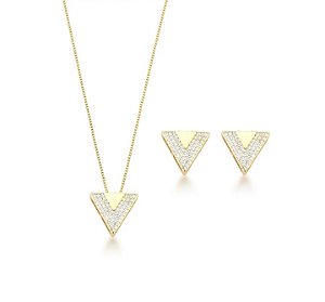 Conjunto Triângulo Cravejado M Banhado a Ouro 18k