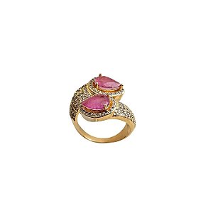 Anel Gota Dupla Zircônia Fucsia Fusion Banhado a Ouro 18k