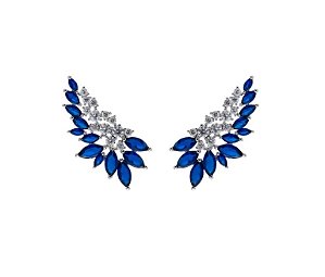Brinco Ear Cuff Cravação Navete Safira Banhado a Ródio Branco
