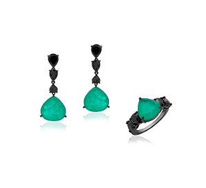 Conjunto Gota Turmalina Verde Fusion Banhado a Ródio Negro