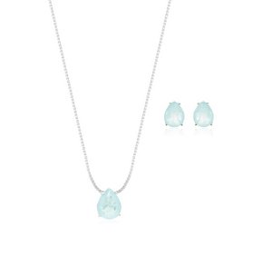 Conjunto Gota Água Marinha Fusion Banhado a Ródio Branco