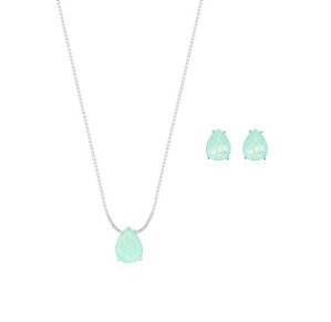 Conjunto Gota Esmeralda Colombiana Fusion Banhado a Ródio Branco
