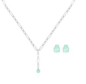 Conjunto Gravata com Gota Esmeralda Colombiana Fusion Banhado a Ródio Branco