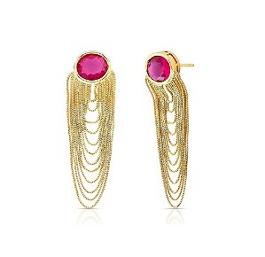 Brinco Oval Rubi com Franja Banhado a Ouro