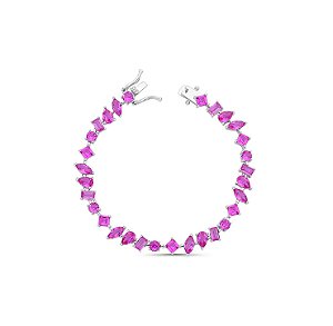 Pulseira Riviera Formas Geométricas Safira Rosa Banhada a Ródio Branco