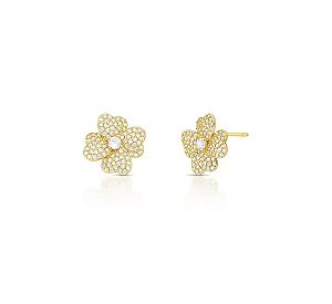 Brinco Flor Cravejada com Ponto Central Banhado a Ouro